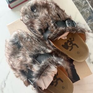 Faux Fur Slip-On Sandals with Buckle